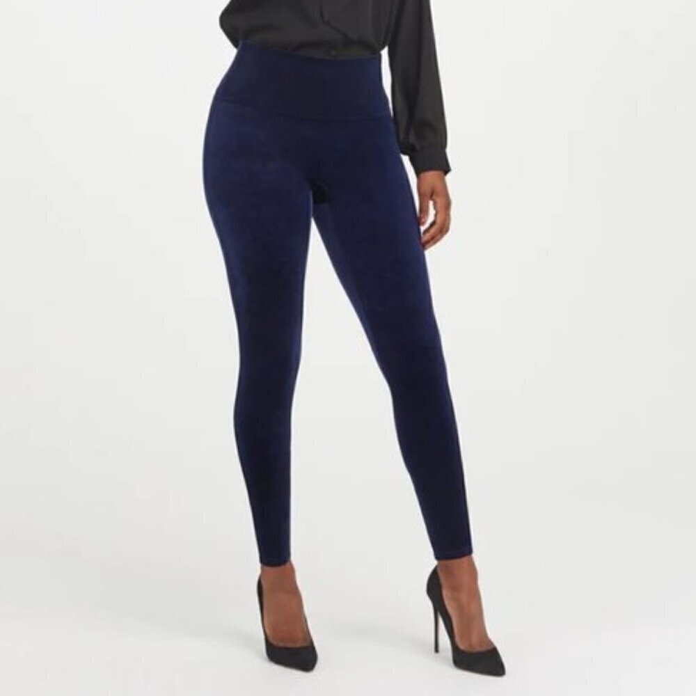 Spanx stretch velvet leggings pants pull-on navy blue lapis skinny X-Small XS